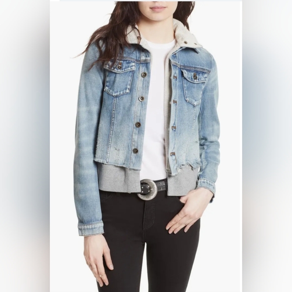 Free People Jackets & Blazers - Free People Double Weave Distressed Denim Jacket with Built-in Hoodie